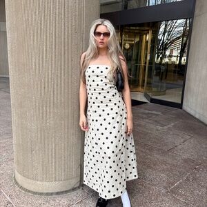 Endless Rose Beige Maxi Slip Dress with Black Polka Dots